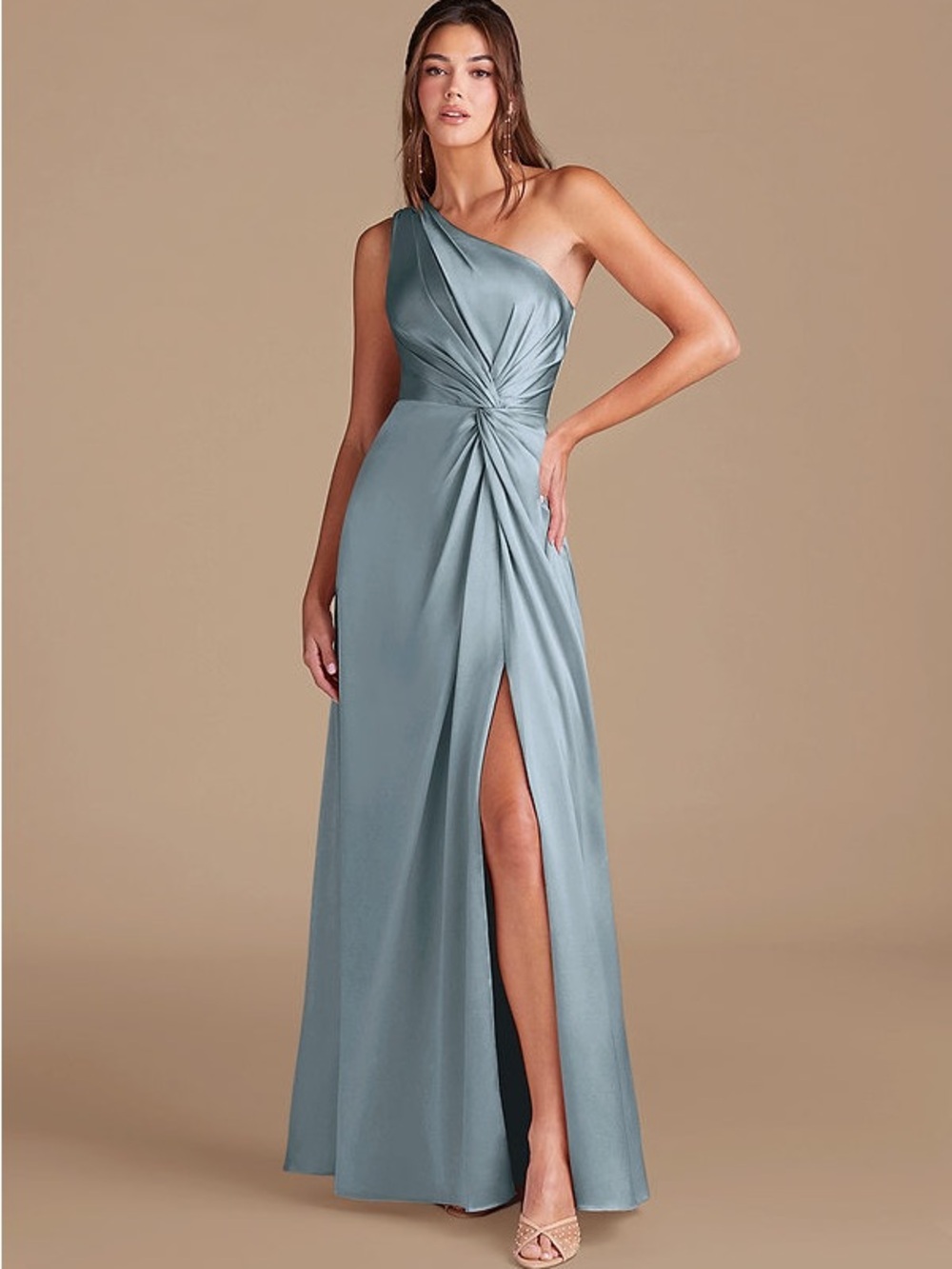 Azazie Brooke Dusty Blue A-Line One Shoulder Metallic Satin Dress Size 8